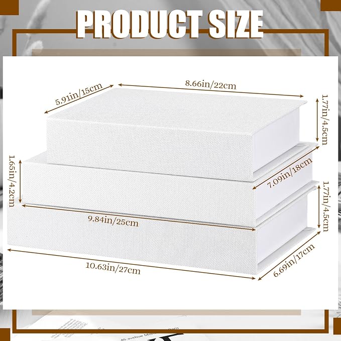 Tioncy 3 Pcs Decor Linen Faux Book Box Set Aesthetic DIY Fake Linen Book Box for Decor Storage Cafe Table Bookshelf Gift Home Keepsake(Multi Sizes,White)