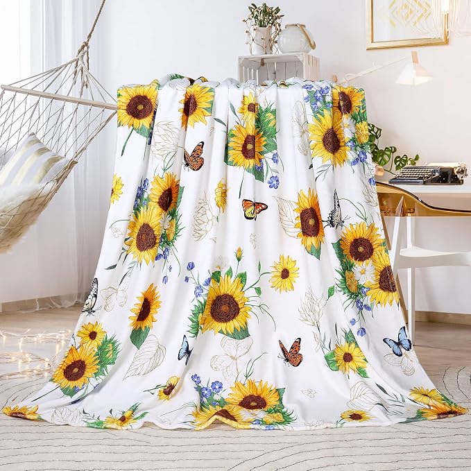 Sunflower Throw Blanket Ultra Soft Butterfly Floral Blanket Cozy Flannel Fleece Bed Blanket Lightweight Fuzzy Plush Flowers Couch Cover Sunflowers Gifts Throw Decor for Women Girls 50" X 60"