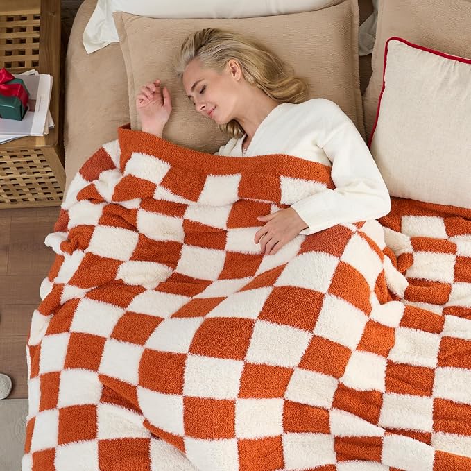 Snuggle Sac Orange Throw Blanket for Fall,Soft Twin Size Fall Checkered Blanket for Couch, Cozy Faux Fur Knit Microfiber Blankets for Sofa, Bed, Orange Checker,60x80 inches