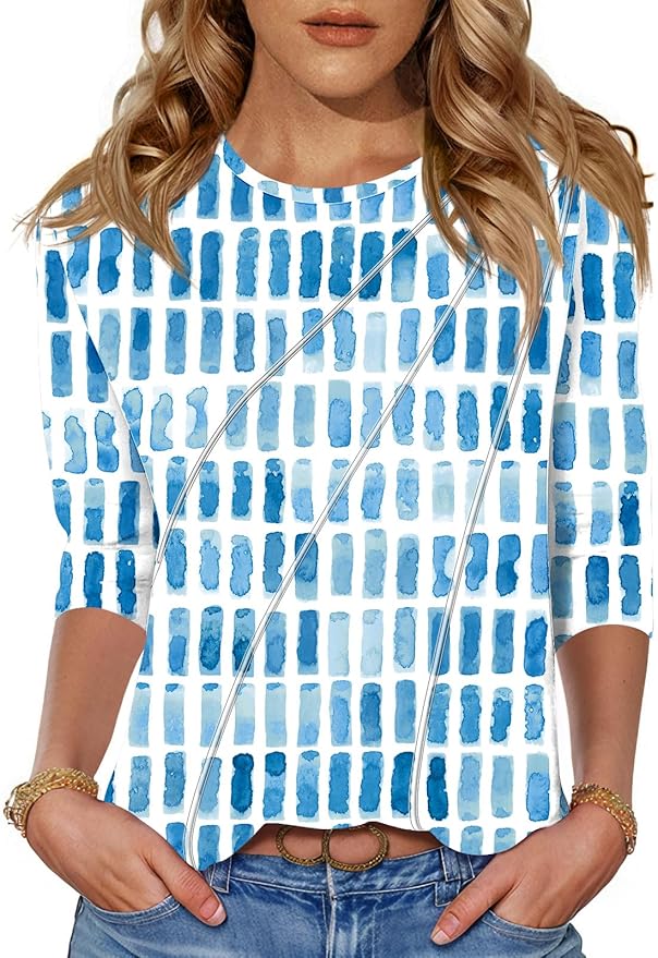 LOMON 3/4 Length Sleeve Womens Tops Spring Summer Fashion 2026 Tops Crew Neck Pleated Shirts Tunic Top Loose Fit