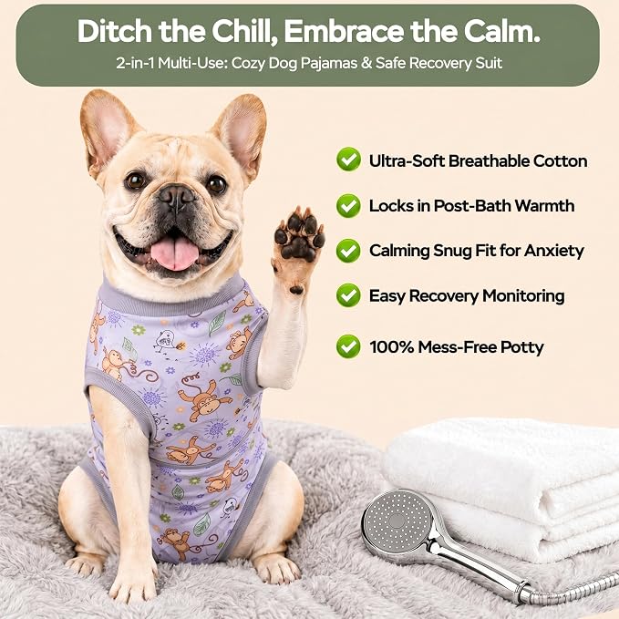 PetWarm Recovery Suit for Dogs, Dog Surgical Recovery Suit Female and Male, Dog Onesie for Surgery, Anti-Licking Dog Surgery Recovery Suit, Monkey Pattern, Grey, 2XL