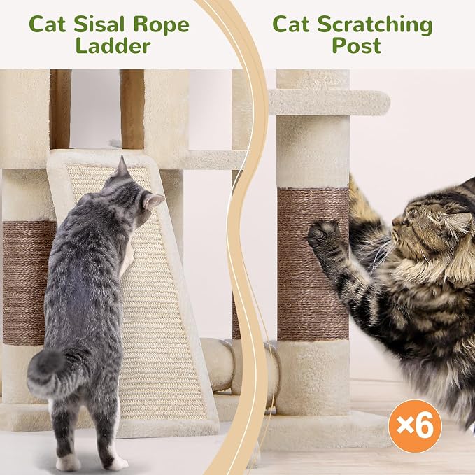 Globlazer Heavy Duty Cat Trees for Large Cats, Sturdy 72in Maine Coon Cat Tree for Large Cat 20 lbs+ Heavy Duty Cat Tower for Adult Biggest Cats with 6 Scratching Posts, Hammock, S72, Beige