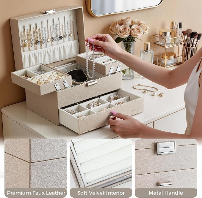 Jewelry Organizer Box, Large Jewelry Boxes for Women Girls, Space-Saving 3 Layers Jewelry Storage Case with Drawer, Movable Metal Stand, Modern, Gift Idea (Champagne)