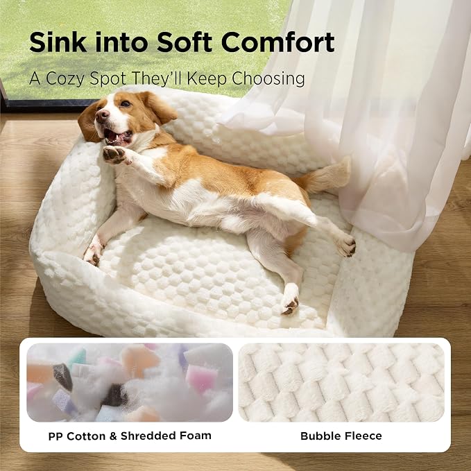 Bedsure Washable Dog Beds Large Sized Dog with Bubble Fleece,35in Cream | Cute Pet Bed,Fluffy Cuddler Pet Couch,Neck-Friendly Bolster,Non-Slip Bottom,Machine Washable Removable Cover ,Up to 50 lbs