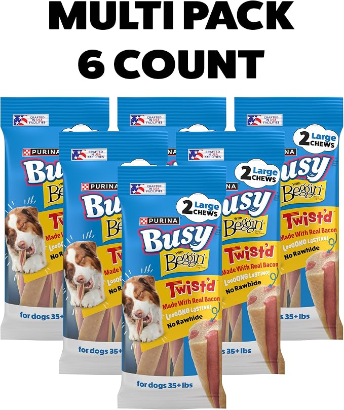 Purina Busy with Beggin Twisted Large Dog Treats, 2 ct. Pouch, Pack of 6 | Bacony dog treat wrapped around long-lasting Busy chew, rawhide free with real meat, for large dogs 35+ lbs