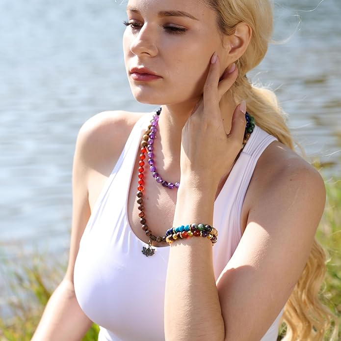 Bivei Natural Gemstone Semi Precious Healing Crystals Handmade Stretchy Round Beads Bracelet,Stocking Stuffers for Women Enhance Positive Energy