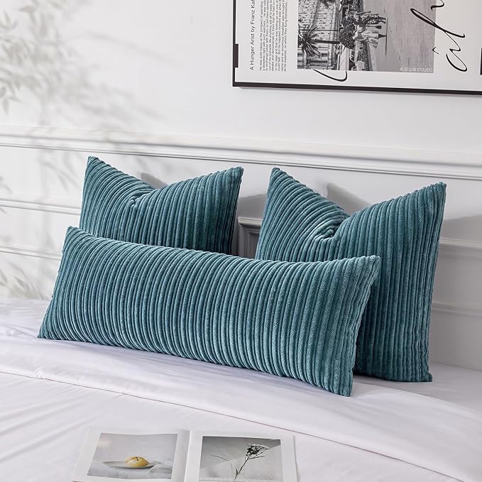 UGASA 14x36 Inch Pillow Cover Pack of 1 Soft Boho Stripe Corduroy Large Long Rectangle Lumbar Cushion Case Farmhouse Decorative Throw Pilowcase for Bed, Couch, Sofa, Bedroom, Living Room, Blue Grey