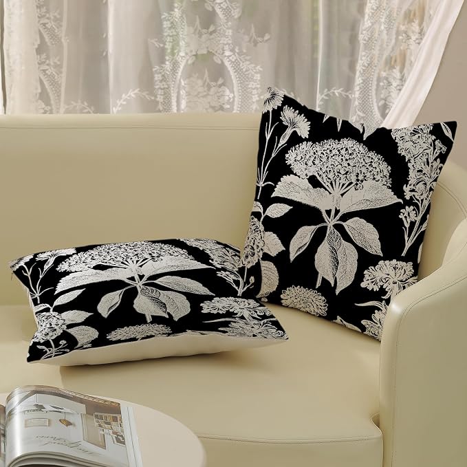 Floral Pillow Covers 18x18 Set of 2 Black Beige Hydrangea Herbs Botanical Throw Pillow Cover Outdoor Decor Vintage Boho Flower Pillowcase Farmhouse Decorative Linen Cushion Case for Home Couch