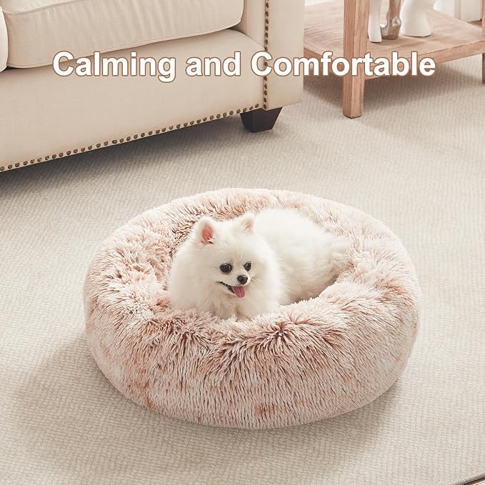 23 inches Faux Fur Fluffy Donut Dog Bed for Small Dogs,Brown | Calming Plush Round Puppy Pet Bed with Removable & Washable Cover,Fits up to 25 lbs Pets