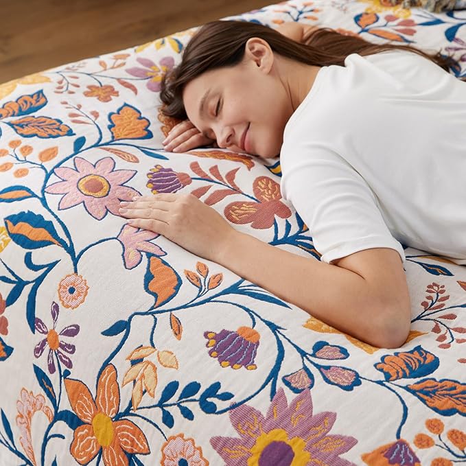 100% Cotton Boho Throw Blanket for Home Decor – Classic Farmhouse Quilt Bedding, Muslin Blankets for Adults, Vintage Woven Decorative Blanket for Couch, Bed Layering Use, Botanic Floral, 60"x80"