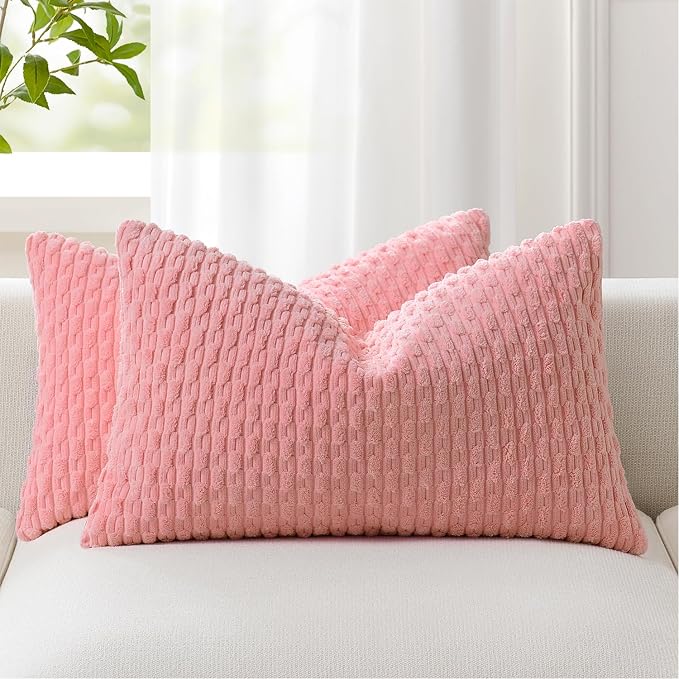 Kevin Textile Soft Corduroy 12"x24" Lumbar Pillow Cover 1 Pack, Dark Pink | Boho Stripe Plush Corduroy Decorative Oblong Cushion Cover Modern Farmhouse Home Decor for Sofa Couch Bed Chair
