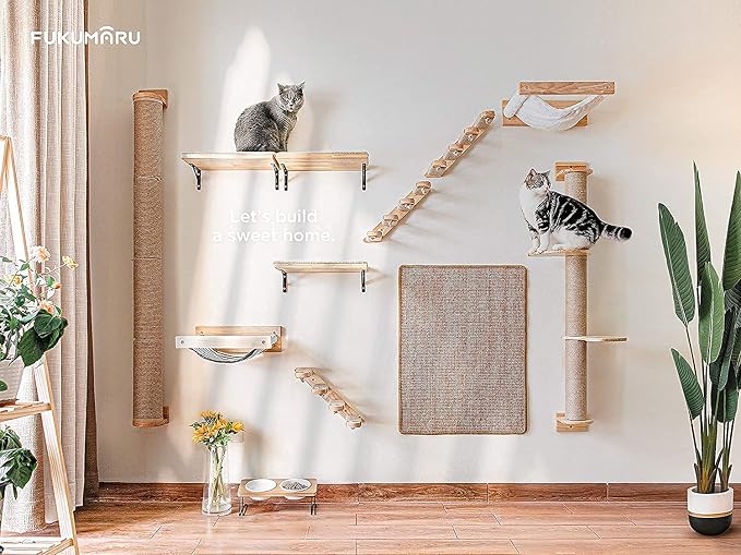 FUKUMARU Cat Activity Tree with Scratching Posts, Wall Mounted Jute Scratcher Pine Hammock | Solid Rubber Wood, Natural Jute Scratcher, Kitten Wall Furniture