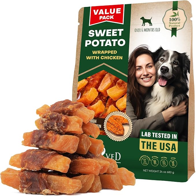 Beloved Pets Sweet Potato Dog Treats & Chicken Jerky Wraps 1.5 Pound - Dog Food & High Protein Soft Chews for Large, Medium & Small Breeds, Sweet Potato Wrapped Chicken