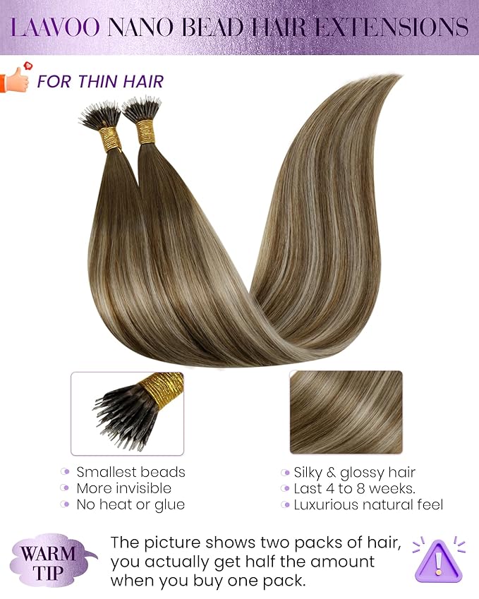 LaaVoo Nano Bead Hair Extensions Human Hair Brown Nano Hair Extension Human Hair 18 inch Balayage Dark Brown to Light Brown and Blonde 50g/50s