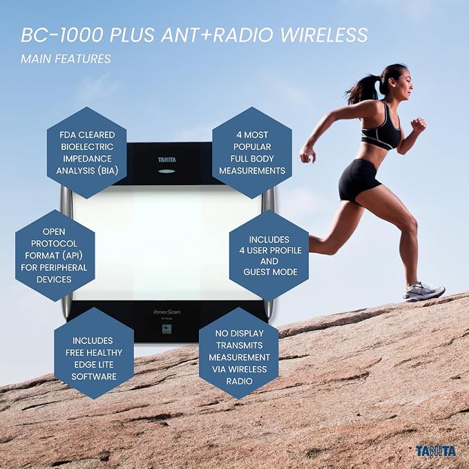 Tanita BC-1000plus Black ANT+ Wireless Body Composition Monitor -Japan Technology - Premium Build - Smart Digital Scale with 15 Full Body Metrics, BMI Fat Muscle Mass Analysis - 440 lbs Capacity