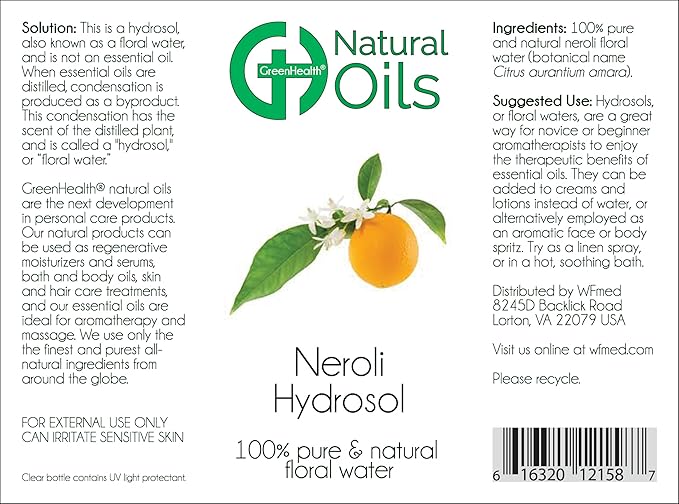 GreenHealth Neroli Hydrosol – 8 fl oz Floral Water for DIY Sprays, Room Mist & Home Fragrance – Not Essential Oil – Plastic Bottle with Cap