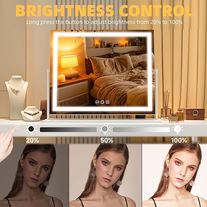 Vanity Mirror with Lights, 24'' x 20'' Lighted Makeup Mirror, Touch Screen with 3-Color Lighting, Dimmable for Vanity Desk Tabletop Square White