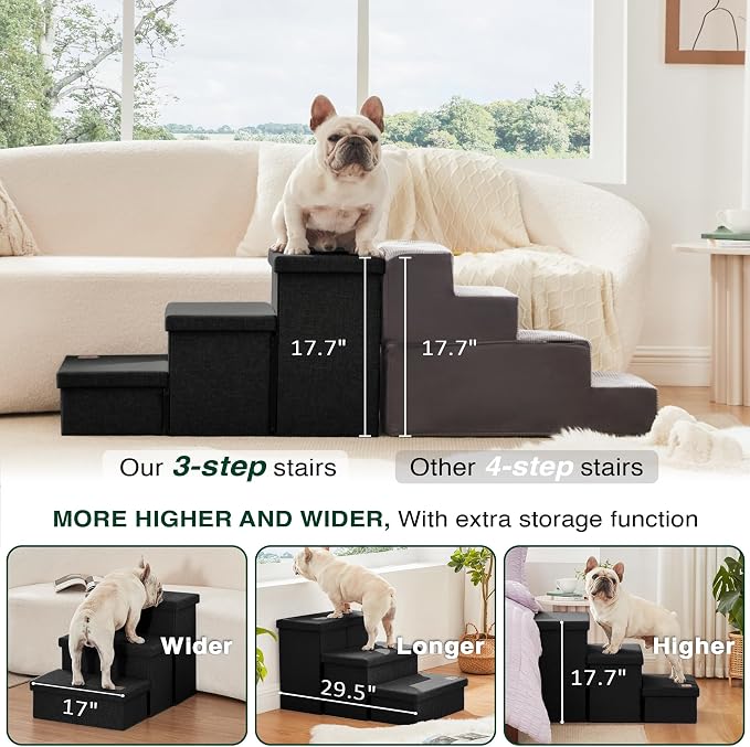 Love's cabin Dog Stairs for High Bed, Foldable Pet Stairs for Small Medium or Large Dogs Puppy with Storage for Bed or Couch, Cat Dog Steps Ramp with Zip up to 200 lbs, Black, 3 Steps