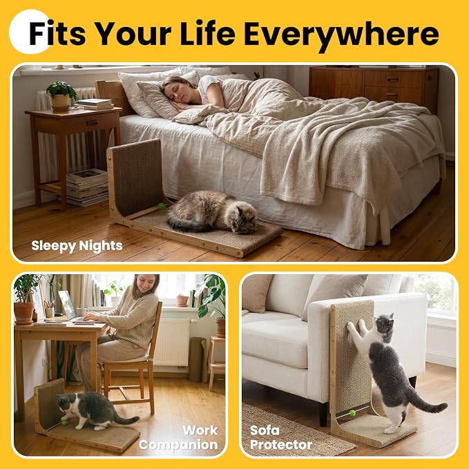 Conlun Cardboard L Shape Cat Scratcher | 26" Vertical Wall-Leaning Scratching Board & Cosy Lounge Bed, Sofa Protector with Bell Toy,Wood Grain，Large(2 Pack)