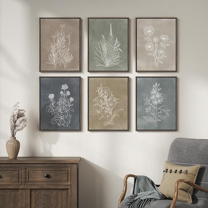 Framed Neutral Botanical Wall Art Set for Living Room, Vintage Minimalist Floral Canvas Painting Prints, Rustic Modern Farmhouse Boho Flower Line Pictures for Bedroom Dining Room Wall Decor, 12x16 In