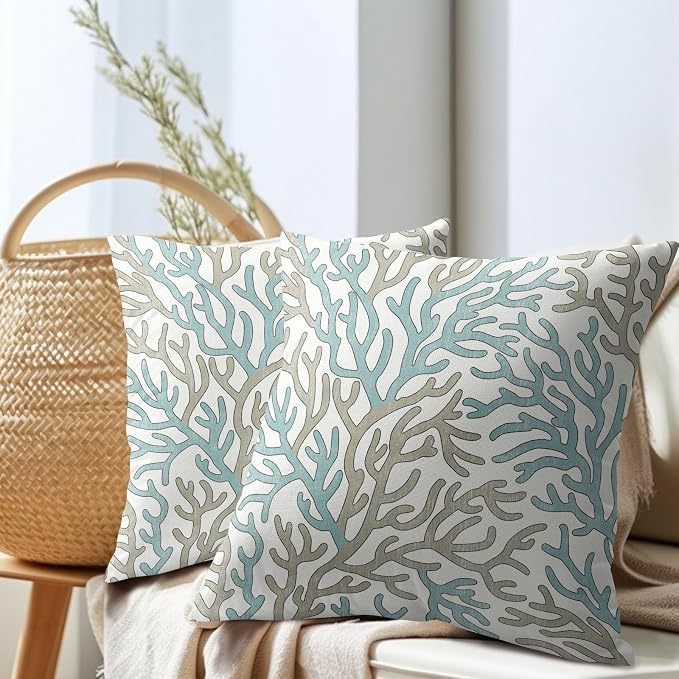 Nautical Coastal Coral Teal Tan White Pillow Covers 16x16 Inch Set of 2 Brown Summer Ocean Themed Beach Pillow Cases Outdoor Linen Square Cushion Cover Farmhouse Decor for Bedroom Home Sofa Couch Bed