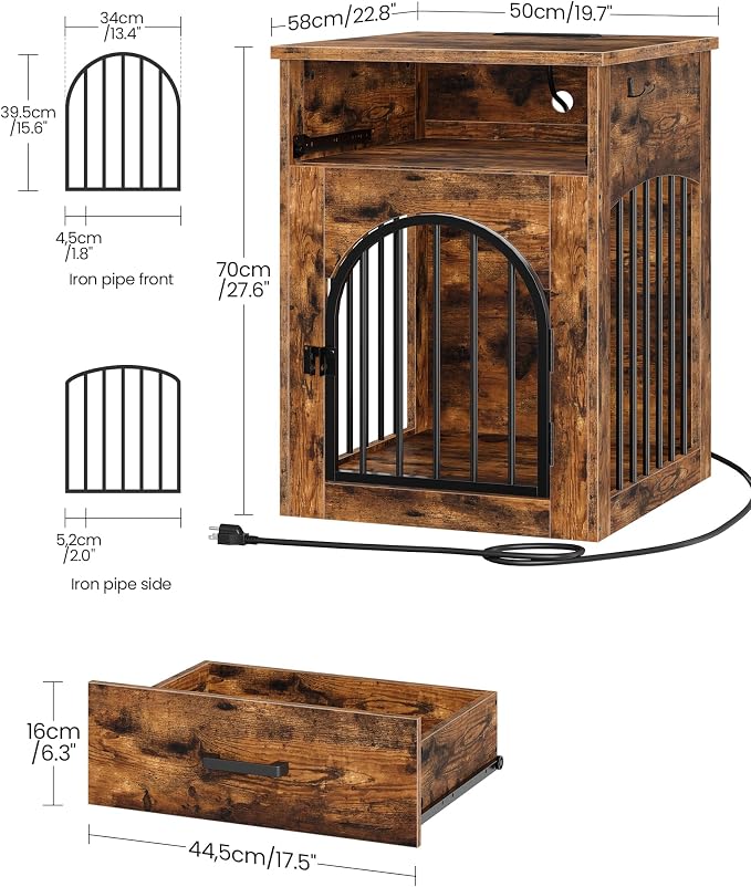 CHOEZON Dog Crate Furniture, Wooden Dog Kennel with Charging Station and Storage Drawer, Indoor Pet Crate End Table for Small Breeds, Dog Cage Furniture for Living Room, Bedroom, Rustic Brown MGW01UFG