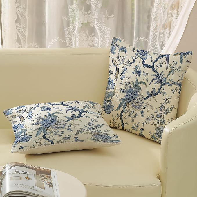 Chinoiserie Floral Bird Pillow Covers 22x22 Set of 2 Blue Chinoiserie Flowers Decorative Pillow Cases Outdoor Decor Blue and Cream Throw Pillows Farmhouse Linen Cushion Cover for Couch Home