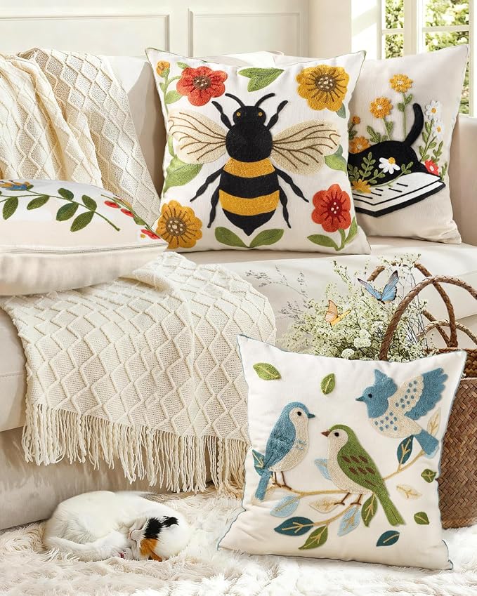 Animal Embroidered Throw Pillow Cover 20x20 Inch, Bee Floral | Decorative Pillow Cover, Farmhouse Cushion Cases with Hidden Zipper, Cottagecore Decor for Couch, Sofa, Living Room