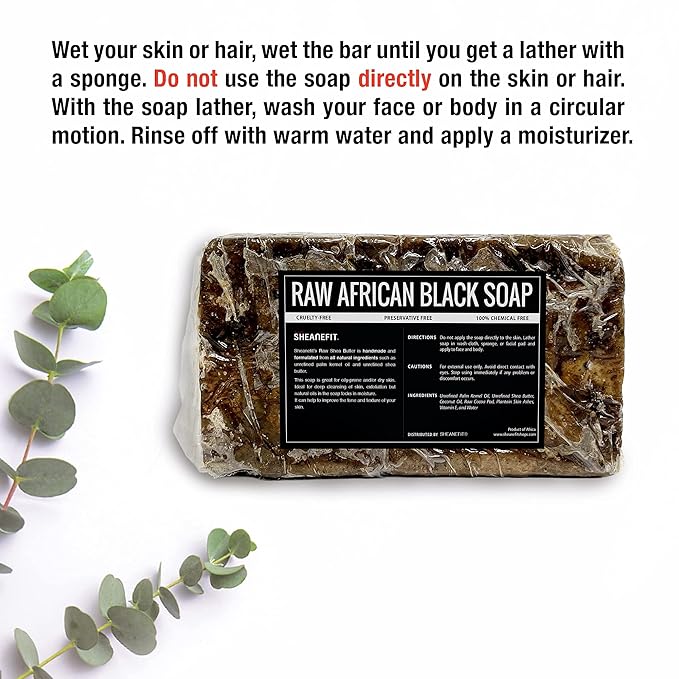 Sheanefit Raw African Black Soap Bar - For All Skin Types - Face, Body, Hair Soap Bulk Bars (15 Ounce (Pack of 1)