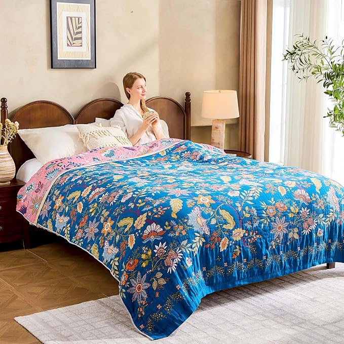 XIBLC Fall Throw Blanket for Couch, Blue Boho Decorative Throw Blanket, 100% Cotton Muslin Breathable Woven Farmhouse Blankets Quilt, 80"x90" Reversible Lightweight Blankets Bohemian Throw Quilt