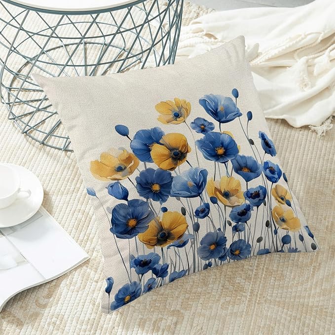 Spring Floral Pillow Covers 20x20 Set of 2 Blue Yellow Flower Decorative Throw Pillow Covers Summer Seasonal Pillowcase Farmhouse Decorative Cushion Cover for Couch Sofa Outdoor Decoration
