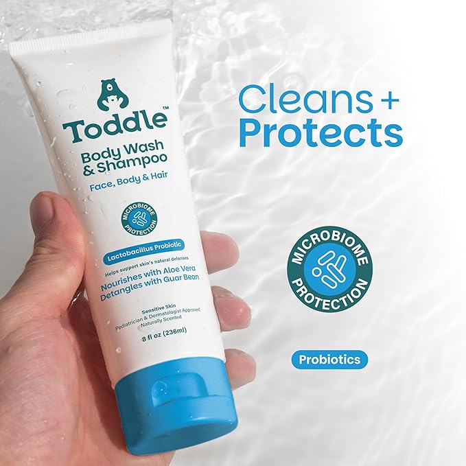 Toddle 3-in-1 Probiotic Baby Shampoo and Body Wash, Plant-Based Kids’ and Toddler Body Wash for Sensitive Skin with Aloe and Lactic Acid, Fragrance-Free, Pediatrician Tested 1.7oz