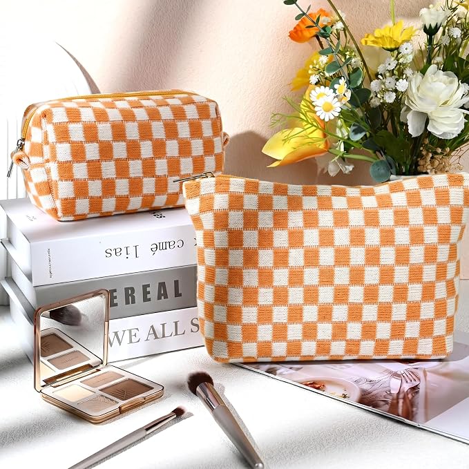 SOIDRAM 2 Pieces Makeup Bag Large Checkered Cosmetic Bag Capacity Canvas Mix Travel Toiletry Bag Organizer Cute Makeup Brushes Aesthetic Accessories Storage Bag for Women, Yellow checkered