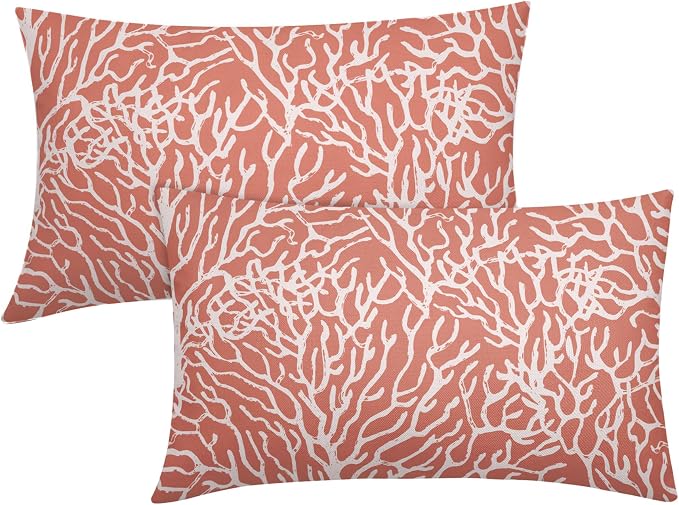 Nautical Coastal Lumbar Pillow Covers 12x20 Inch Set of 2 Summer Ocean Beach Coral Red Decorative Pillow Cases Outdoor Linen Cushion Cover Farmhouse Decor for Bedroom Home Sofa Couch Bed