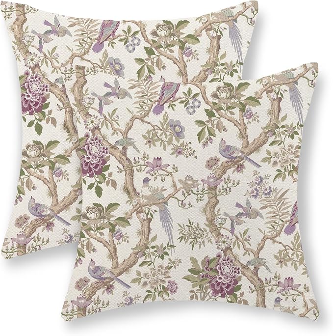 GOLIANDA Chinoiserie Pillow Covers 20x20 Set of 2 Purple Green Floral Bird Throw Pillows Vintage Flowers Bird Decorative Pillow Cases Outdoor Chinoiserie Decor Farmhouse Cushion Case for Couch Sofa