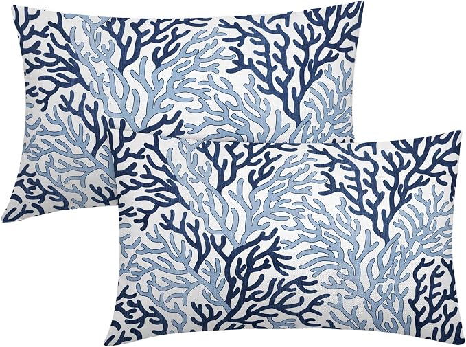 Summer Coastal Coral Lumbar Pillow Covers 12x20 Inch Set of 2 Nautical Blue Whtie Ocean Themed Beach Pillow Cases Outdoor Linen Square Cushion Cover Farmhouse Decor for Bedroom Home Sofa Couch
