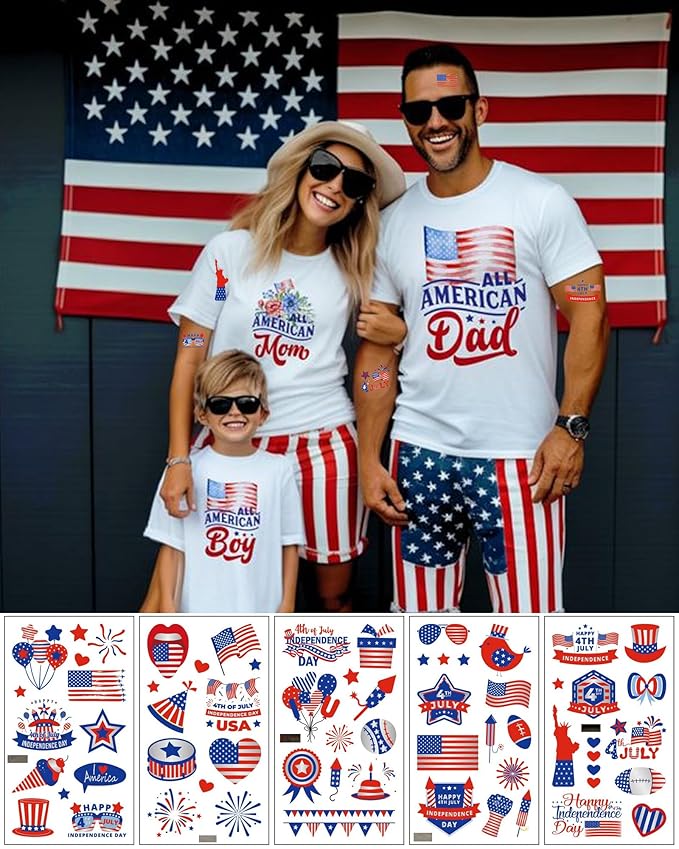 Fourth of July Decorations Tattoos, 10 Sheets 119 Styles 4th of July Temporary Tattoos for Kids Adults, Red White and Blue Party Supplies, USA Flag, Independence Day Favors, Memorial Accessories