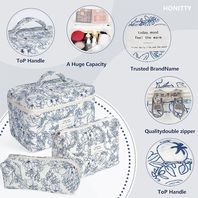 honitty Makeup Bag,Quilted Cosmetic Bags,Large Floral Make Up Organize bag,Makeup Bag Set for Women,Flower Travel Toiletry Bag
