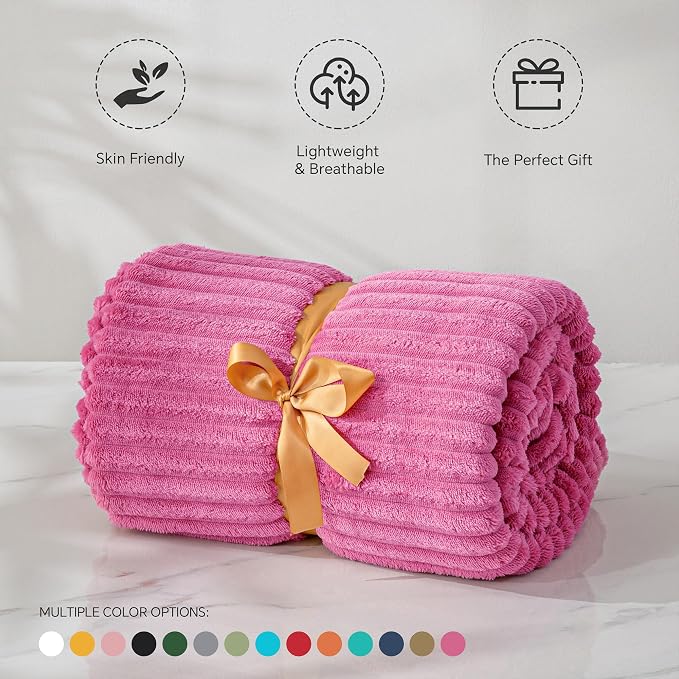 BEDELITE 3D Ribbed Hot Pink Fleece Throw Blanket for Couch, 50x60 Inch | Soft Warm Decorative Fluffy Blanket, Cozy Plush Lightweight Fuzzy Throw Blanket for Bed Sofa Home Room Decor, Gift for Women
