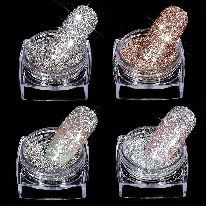 4PCS Diamond Dust Glitter, Sparkling Nail Powder for Crafts, 4 Colors Korean Gel Nail Polish, Holographic & Translucent Setting Powder Kit for Nails Art Supplies Party Wedding