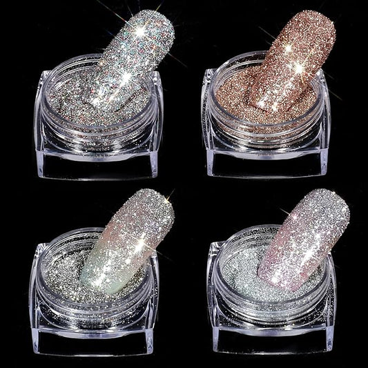 4PCS Diamond Dust Glitter, Sparkling Nail Powder for Crafts, 4 Colors Korean Gel Nail Polish, Holographic & Translucent Setting Powder Kit for Nails Art Supplies Party Wedding