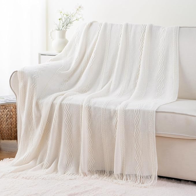 BATTILO HOME Cream Throw Blanket for Couch, Bedroom Decor Boho Throw Blanket, Decorative White Blanket Throw for Sofa Living Room, 50"x60"