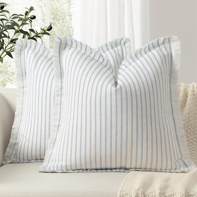 Throw Pillow Covers 16x16 Set of 2 Striped Pillow Covers with Fringe Chic Cotton Decorative Pillows Square Cushion Covers for Sofa Couch Bed Living Room Farmhouse Decor, (Light Blue)