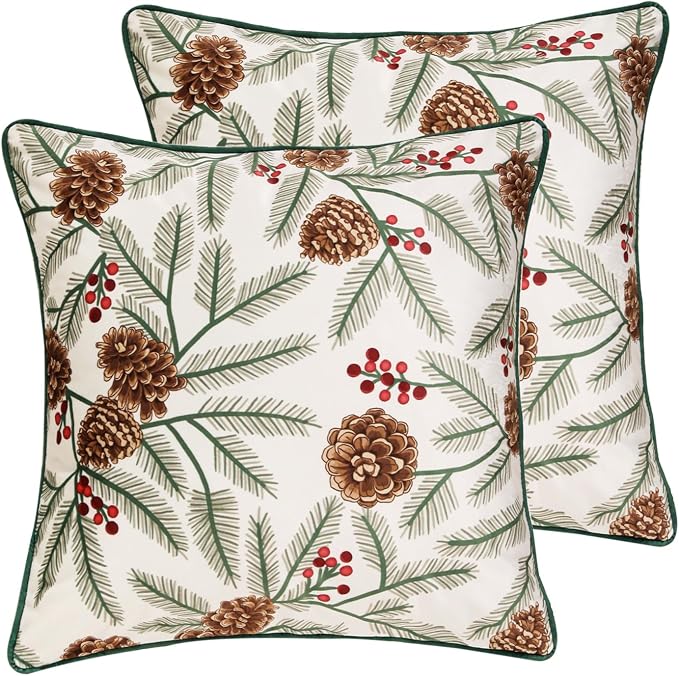 French Chrismas Velvet Throw Pillow Cover,Set of 2,18"x18"-Carol B | Vintage Square Pillow Cover,Concealed Zipper Design,Pinecones Pattern,Sofas,Bedroom,Living Room,Lounge Chairs,Decor