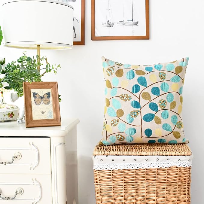 CaliTime Decorative Throw Pillow Covers 20 X 20 Inches Ecru Teal | Luxury Chenille Cute Leaves Cushion Case Shell for Couch Sofa Bed Living Room Home