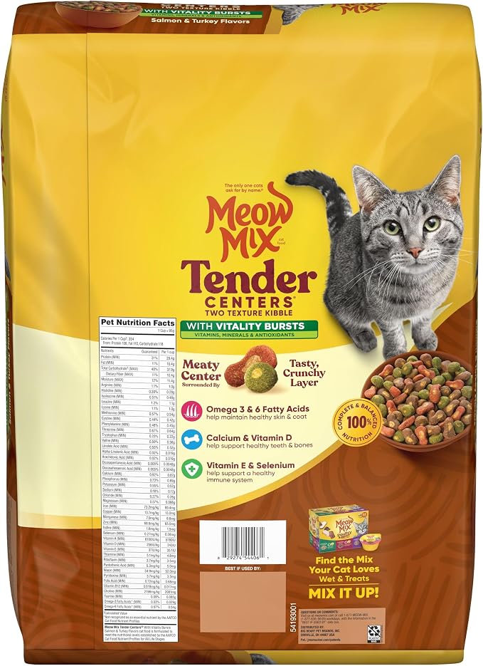 Meow Mix Tender Centers Vitality Bursts, Salmon & Turkey Flavor, Dry Cat Food, 14.2 lb. Bag | Dry cat food with two texture kibble, meaty center surrounded by a crunchy outer layer.