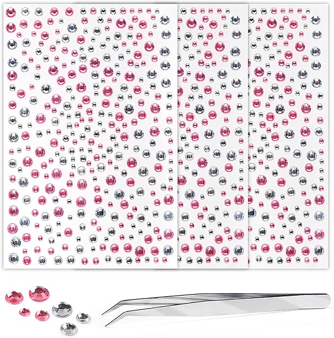 Rhinestone Stickers for Crafts Face Gems Pearls for Makeup Stick on Body White PinkClear Crystal Tweezers Decals 3/4/5/6MM Yellow Hair Nails Craft DIY Gems for Nails Makeup Decor 975PCS