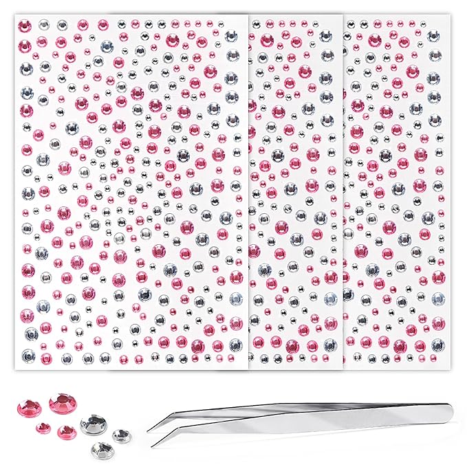 975Pcs Face & Eye Gems -Self Adhesive Rhinestones, 3/4/5/6 mm DIY Face & Body Gems, Craft Pearls (White+Pink)