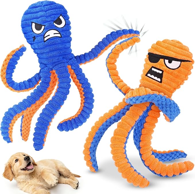 Zeaxuie Interactive Dog Toys for Chewers, 2 Pack No Stuffing Dog Toys for Teething, Squeaky Chew Toy to Keep Them Busy for Small and Medium Breed, Crinkle Octopus