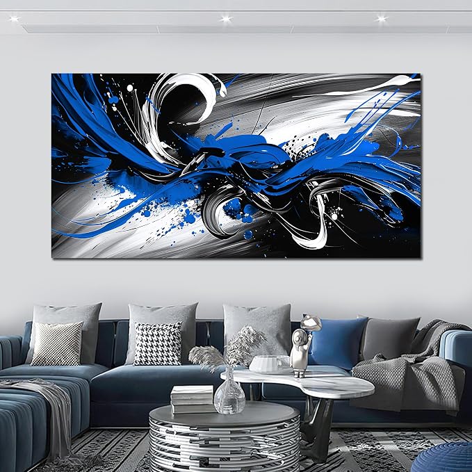 Black and White Blue Large Canvas Wall Art for Living Room Framed Print Picture Painting Bedroom Office Wall Decor Modern Room Abstract Wall Decorations Artwork Size 30x60 Ready to Hang